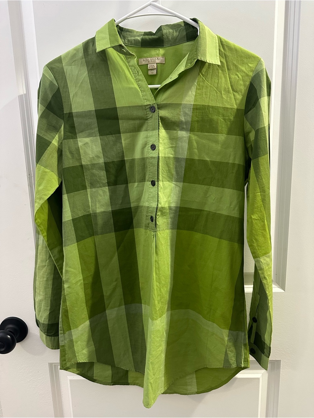Burberry Brit Green Plaid Popover Blouse Cotton Womens XS - Picture 2 of 5
